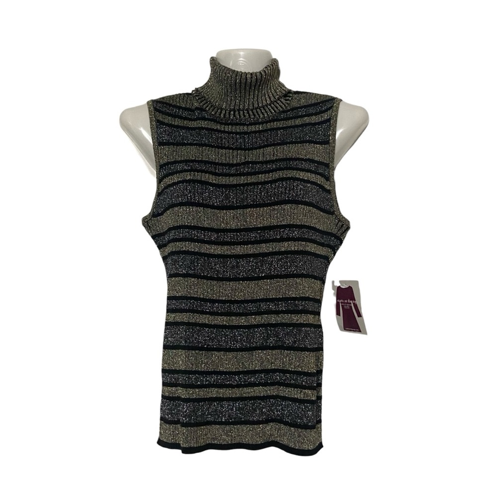 Cable & Gauge Metallic Knit Sleeveless Turtleneck Sweater Silk Blend Top Black